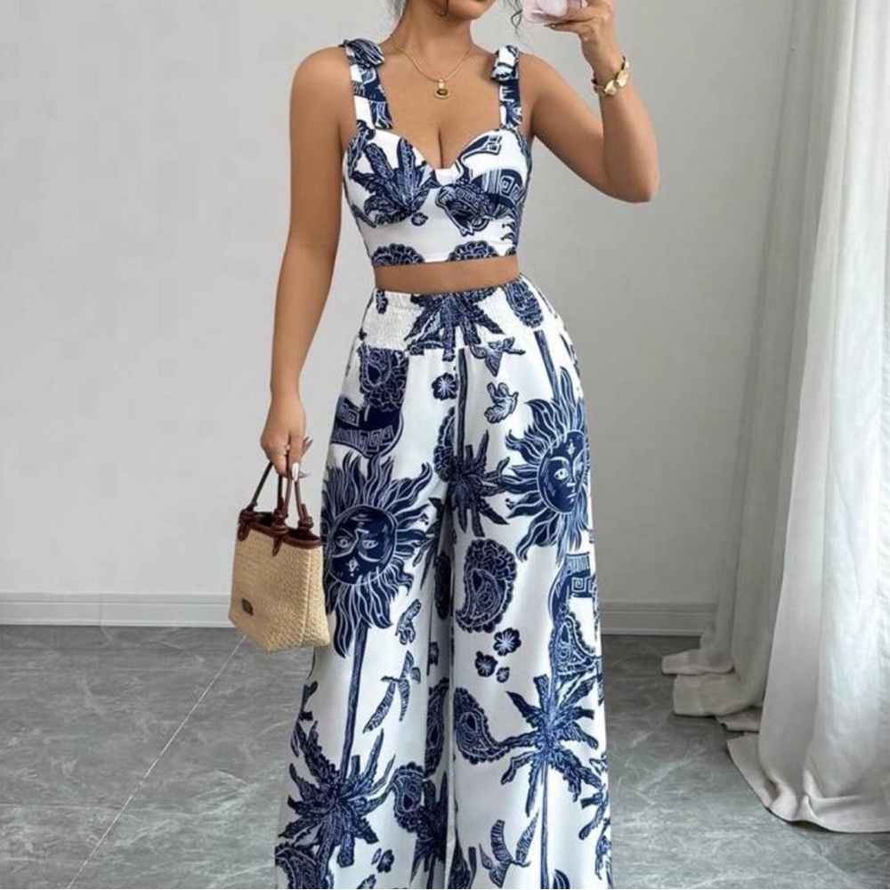 SHEIN Navy and White Patterned Jumpsuit